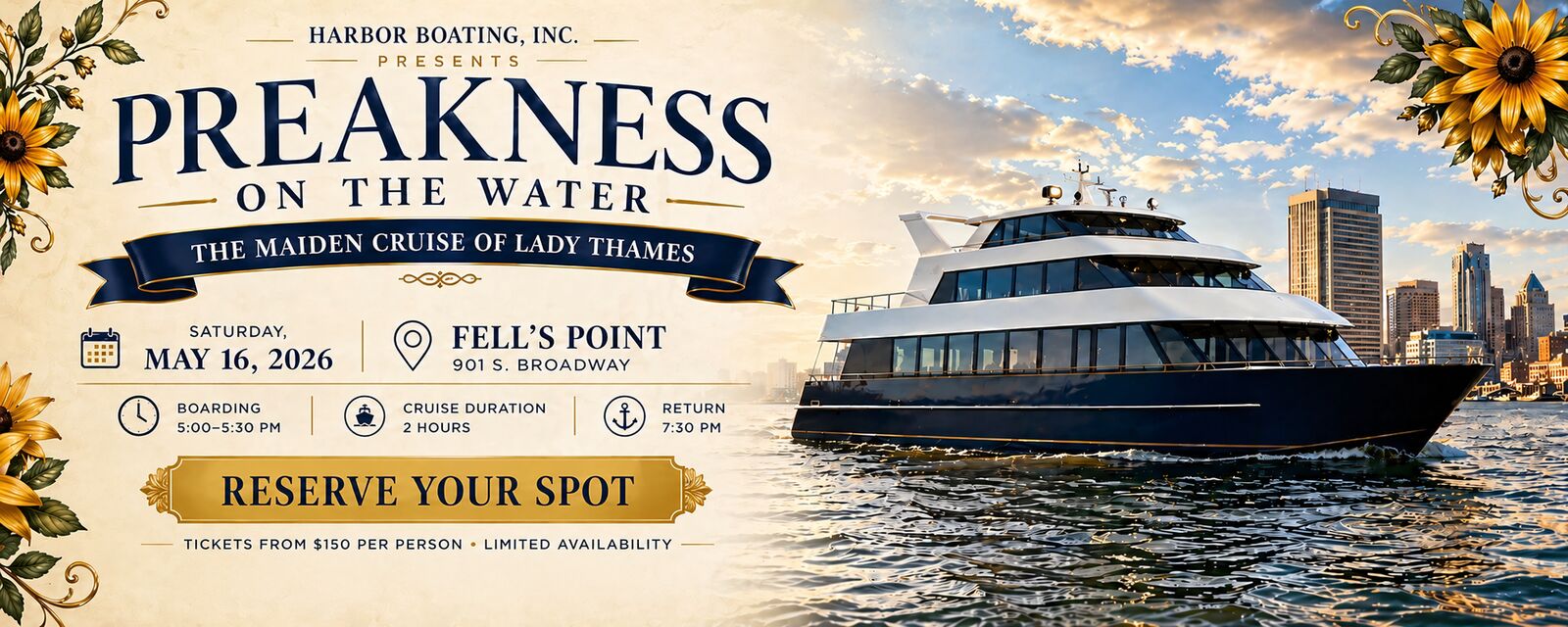 Preakness on the Water flyer for the maiden cruise of the Lady Thames, May 16, 2026, from Fell's Point